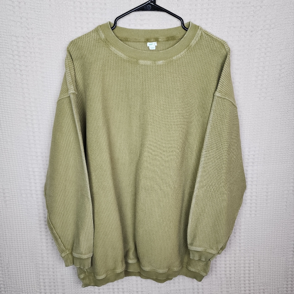 AERIE Oversized Ribbed Green Cotton Crew Neck Sweatshirt S
